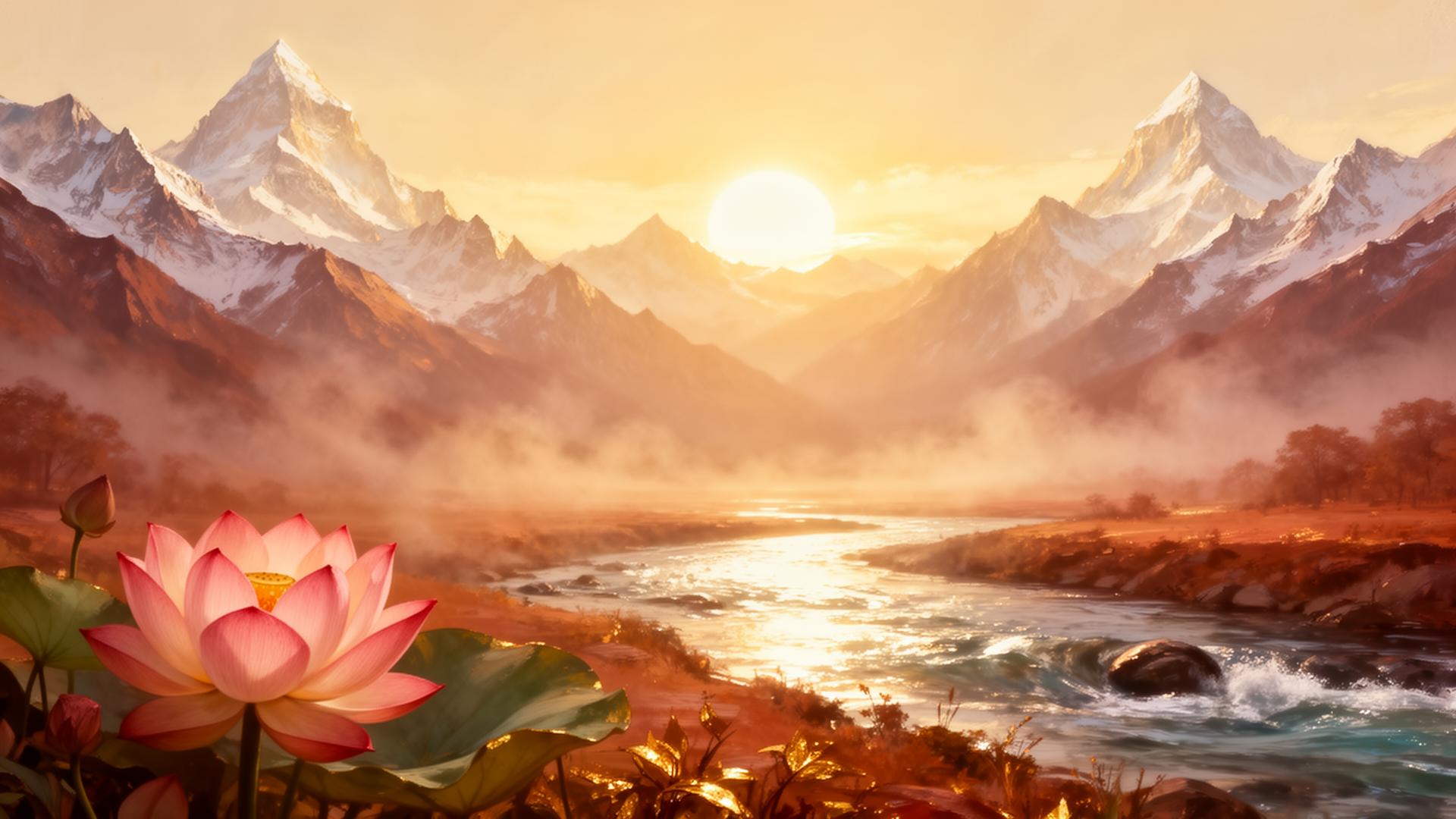 Sunrise over the Himalayas with a sacred lotus